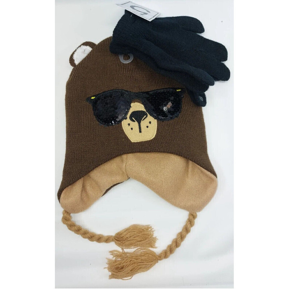 Kids Style 5 Brown and Black Bear Hat & Gloves Set - NEW WITH TAGS